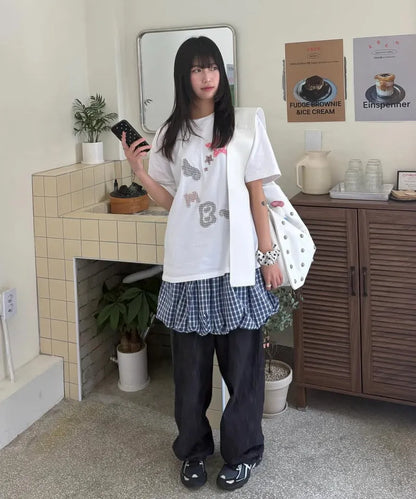 [Ambler] Angel & Star Elements Check Patch Short Sleeve T-shirt (Oversized/ Crop/ 2 Colours)