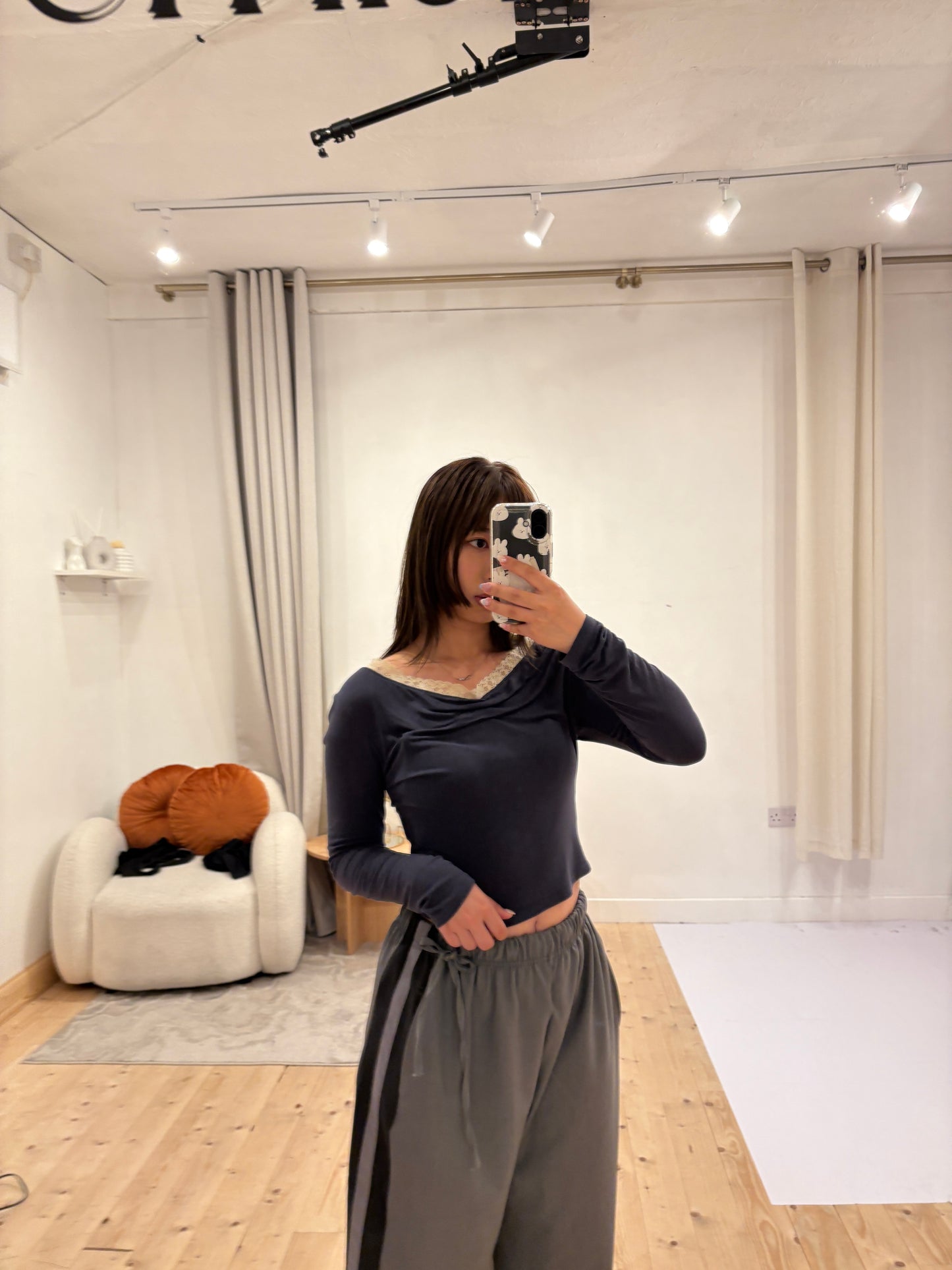 (Preorder) Shirred Lace Slim Drape Layered Long-Sleeve T-shirt (3 Colours)