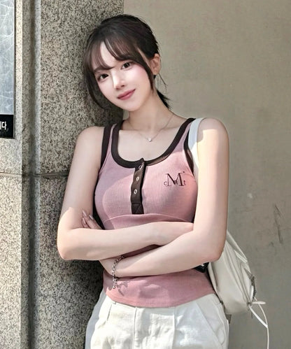 Brand Week Sale -07.13[Mucent] Color Pop Contrast Button Crop Ribbed Sleeveless (6 Colors)