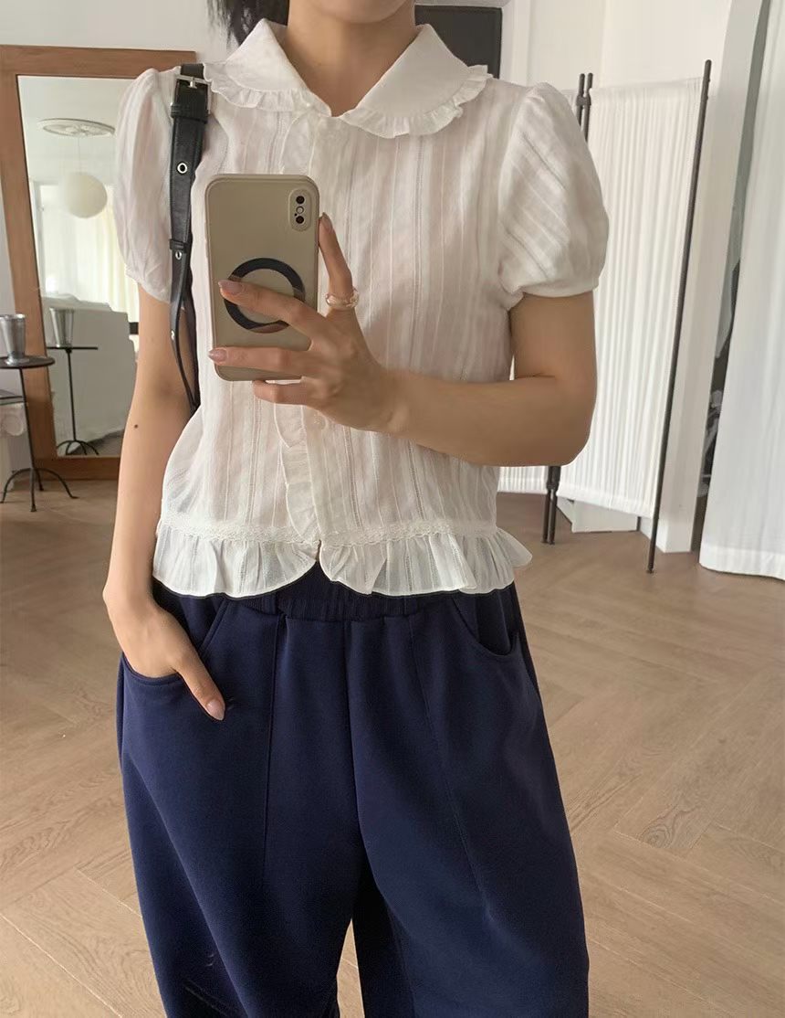 Dolly Button Up Layered Frill Collar Short Sleeve Blouse