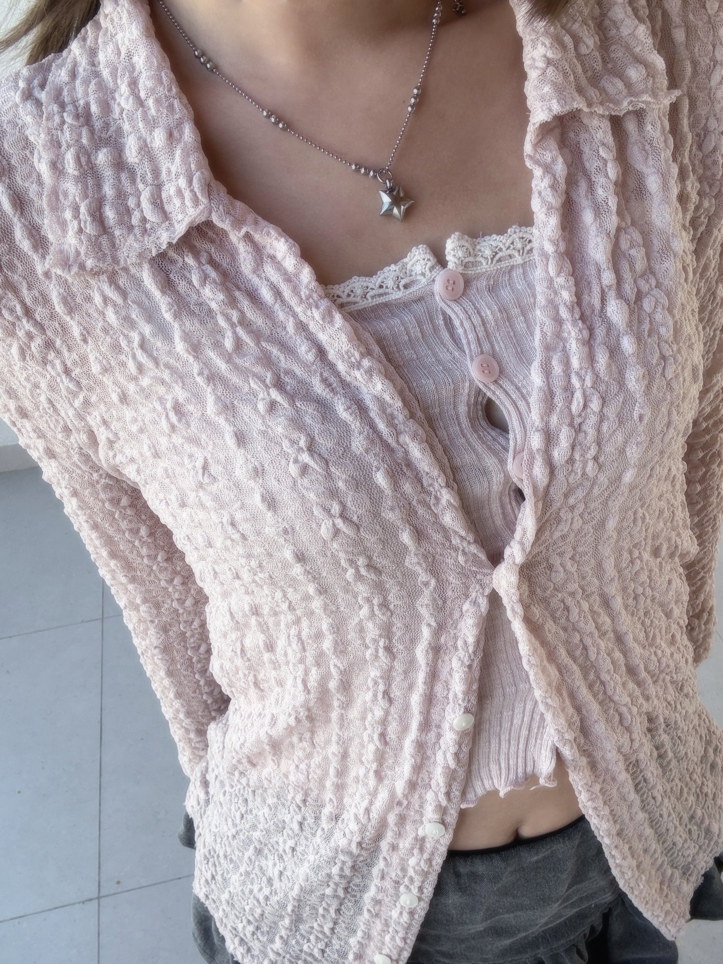 Angelique Sheer Lace Cardigan Top 4 Season (Pink)