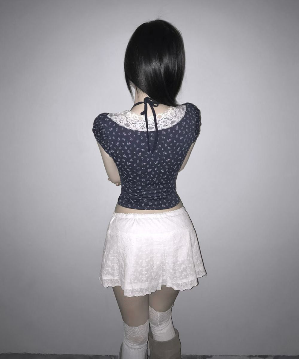 Fairycore Floral Lace Detail Panel Tee (Navy)