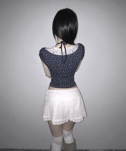 Fairycore Floral Lace Detail Panel Tee (Navy)