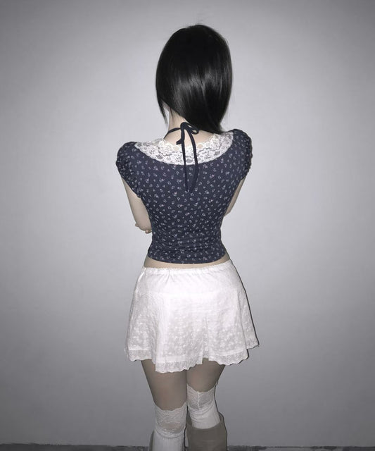 Fairycore Floral Lace Detail Panel Tee (Navy)