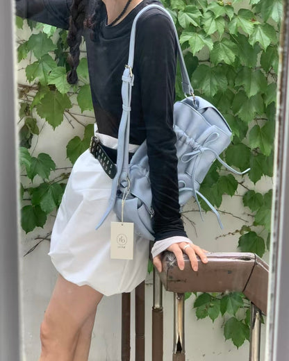 Skyblue Designer Brand Ribbon Leather Shoulder Bag (Large/Mini)