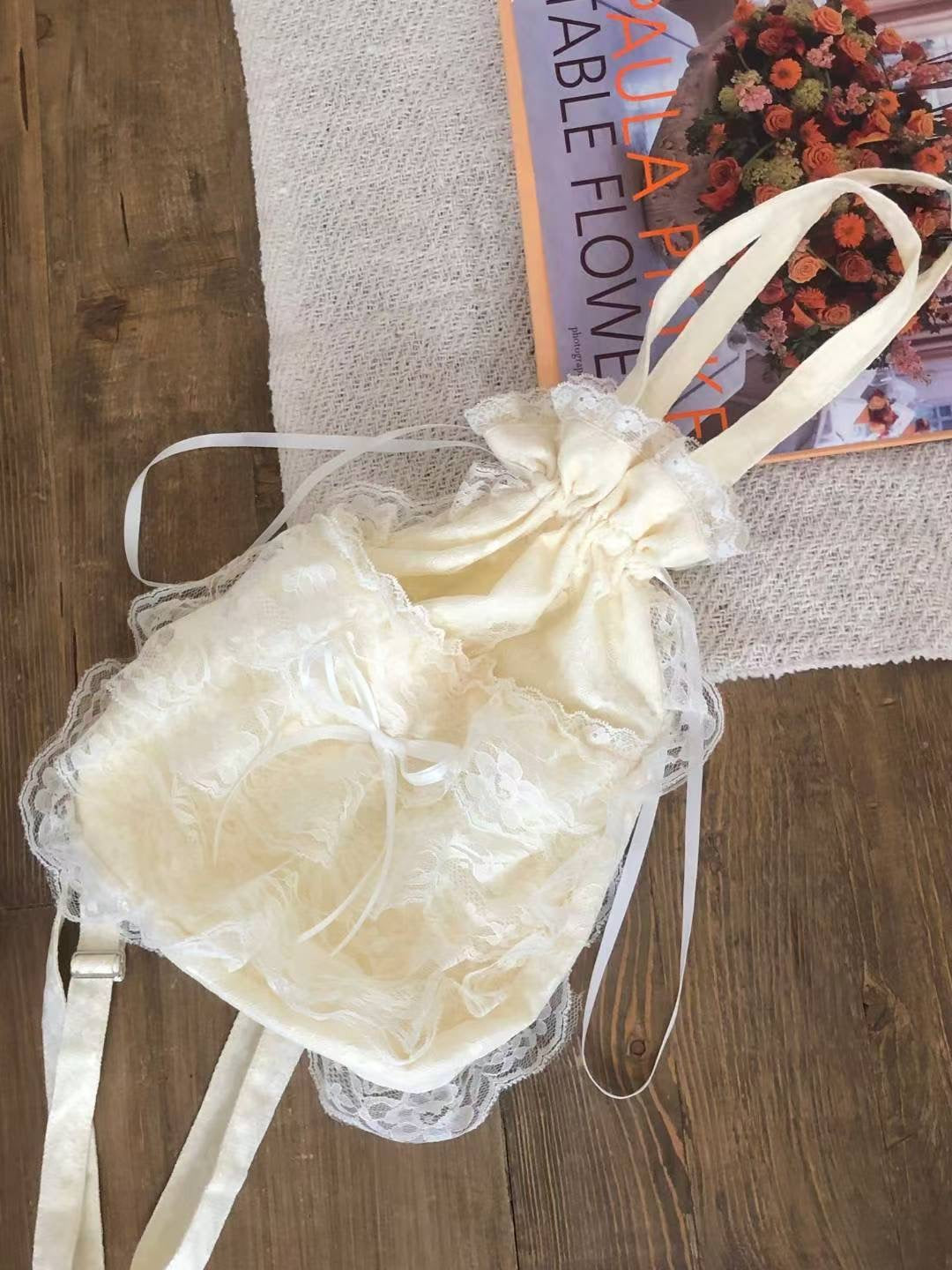(Preorder) Princess Bag Lace Frill Ribbon Backpack (Beige)