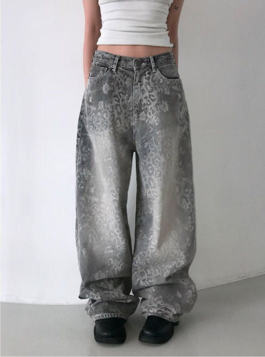 [OOTJ] Karina Pants Same Brand! Unisex Icy Washing Leopard Wide Denim Pants