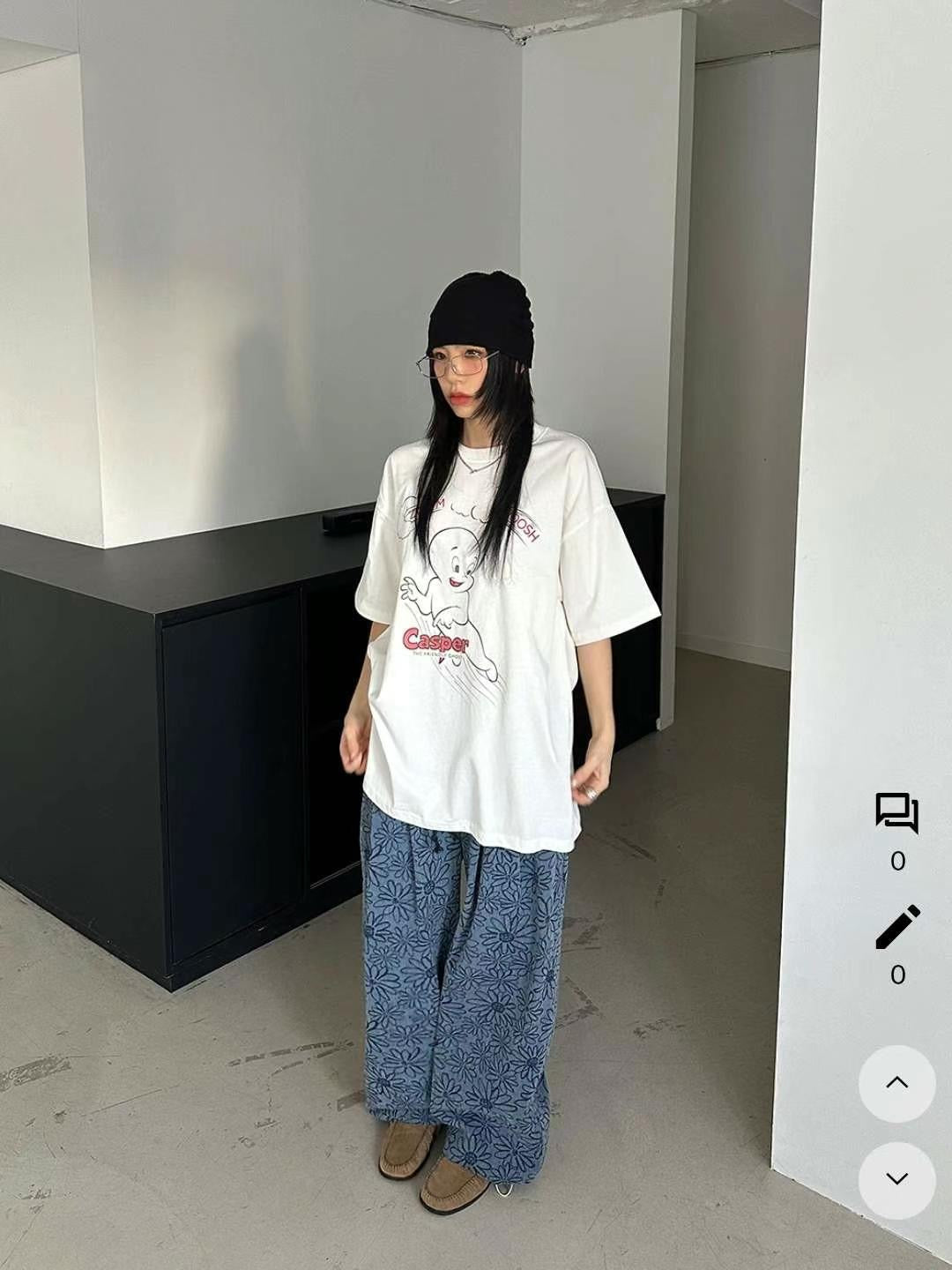 Unisex Floral pigment print loose-fit cotton one size pants