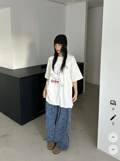 Unisex Floral pigment print loose-fit cotton one size pants