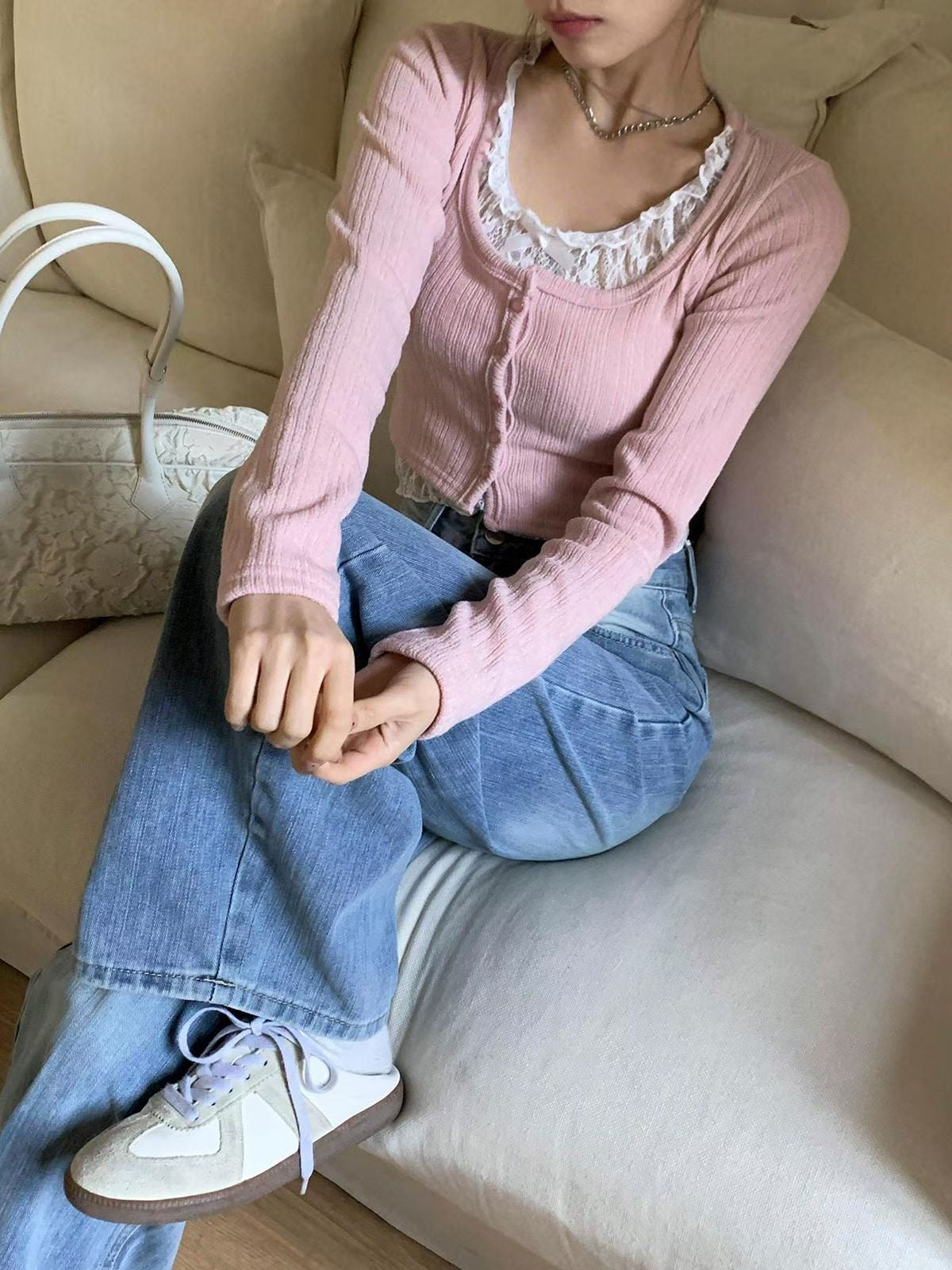 Fake Two Piece Lace Layered Cardigan