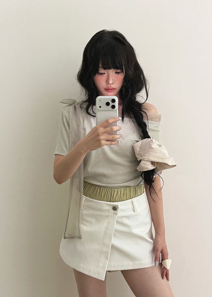 High End Mesh Asymmetrical Bow Off Shoulder Top(2Colours)