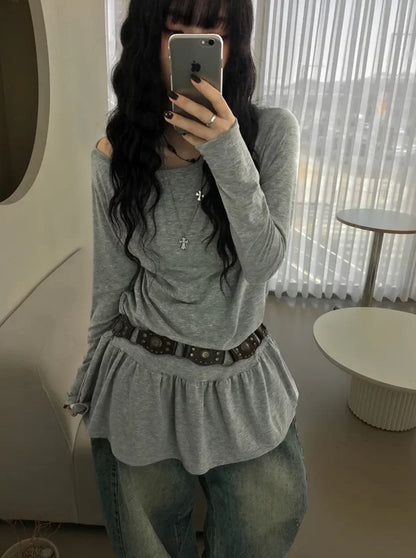 Soft Layered Long Sleeve Off-Shoulder Top (Grey)