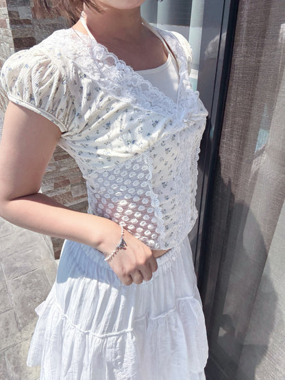 Fairycore Floral Lace Detail Panel Tee (Ivory)