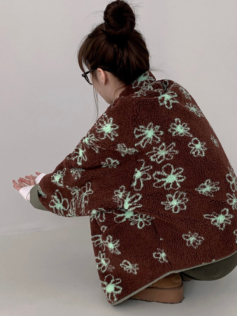 Reversible Flower Dumping Windbreaker Fleece Jacket