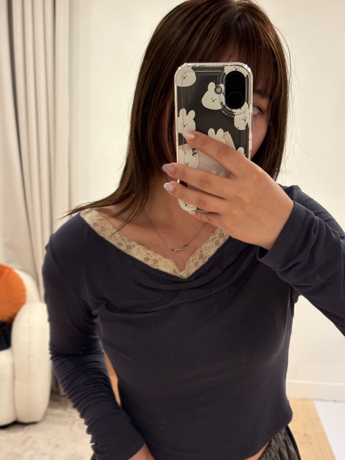 (Preorder) Shirred Lace Slim Drape Layered Long-Sleeve T-shirt (3 Colours)