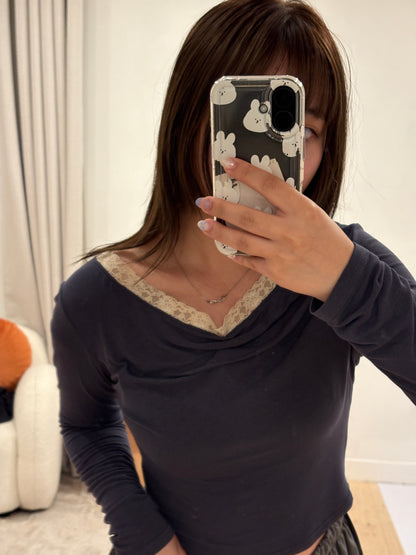 (Preorder) Shirred Lace Slim Drape Layered Long-Sleeve T-shirt (3 Colours)