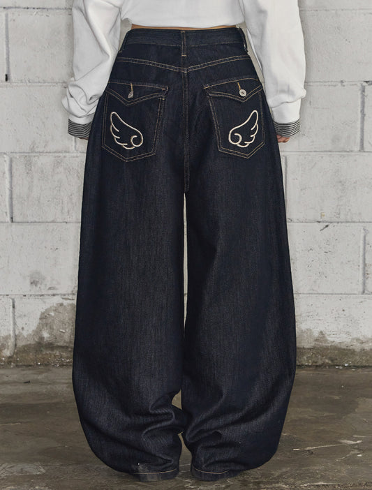 [LOOXP] Angel Wing Washed Back Pocket Balloon Wide Denim Pants Raw Denim Navy