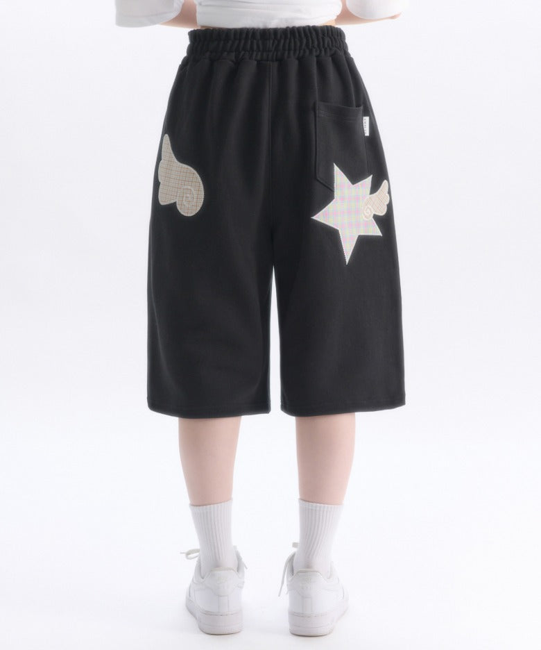 [Ambler] Unisex Angel Star Patch Bermuda Pants Single-Pleat Sweat Shorts (3 Colours)