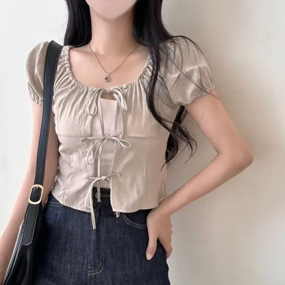 Ribbon Tie Front Puff Sleeve Blouse Cardigan (3Colours)