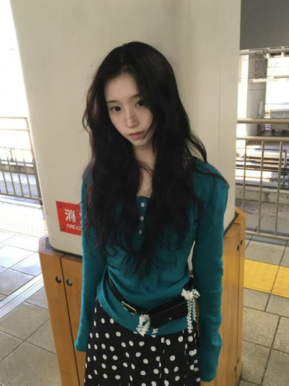 Spring Eyelet Punching Basic henley neck T-shirt