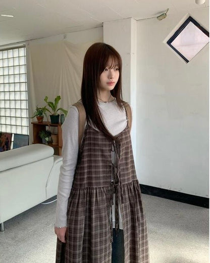 Ribbon Check 2 Way Layering Long Dress Ops