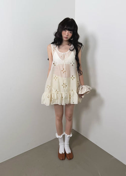 High End Sheer Floral Detail Ruffle Hem Dress Ops