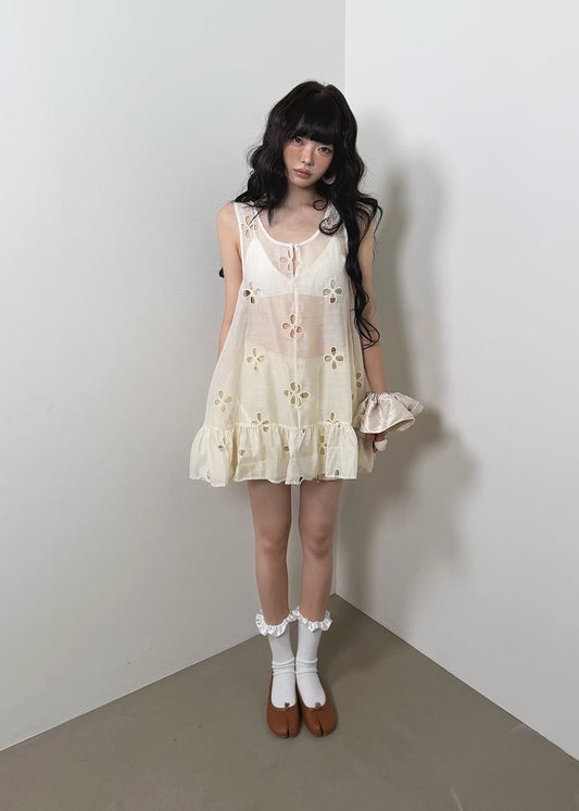 High End Sheer Floral Detail Ruffle Hem Dress Ops
