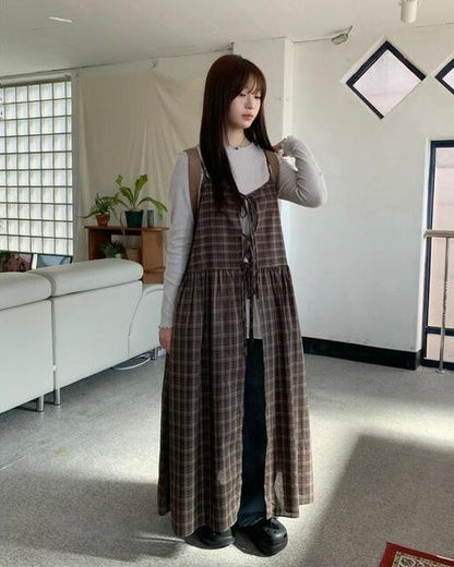 Ribbon Check 2 Way Layering Long Dress Ops
