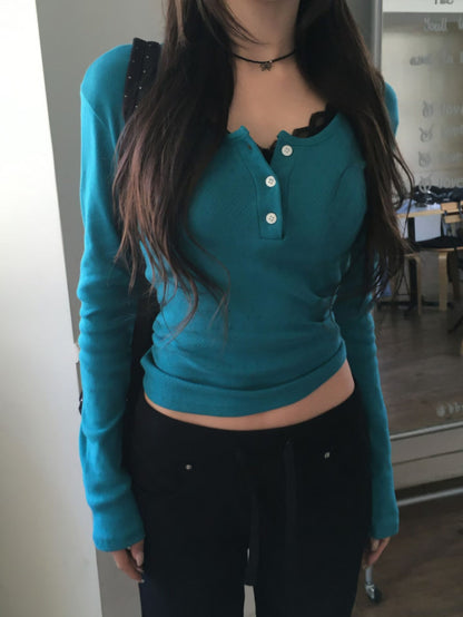 Spring Eyelet Punching Basic henley neck T-shirt