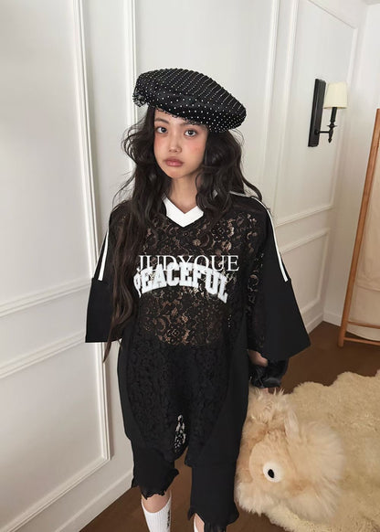 High End Lace Jercey Mesh Oversized Tee