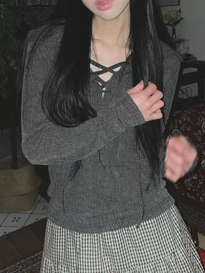 Collar Vintage Lace Up T-shirt (Black)