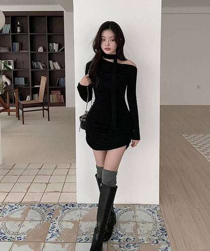 (DEC NEW) Drape with scarf dress set