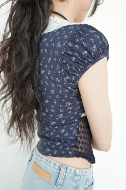 Fairycore Floral Lace Detail Panel Tee (Navy)