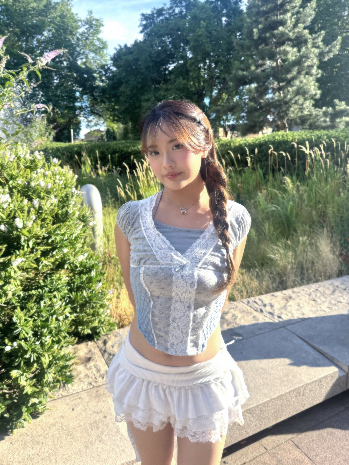 Fairycore Floral Lace Detail Panel Tee (Grey)