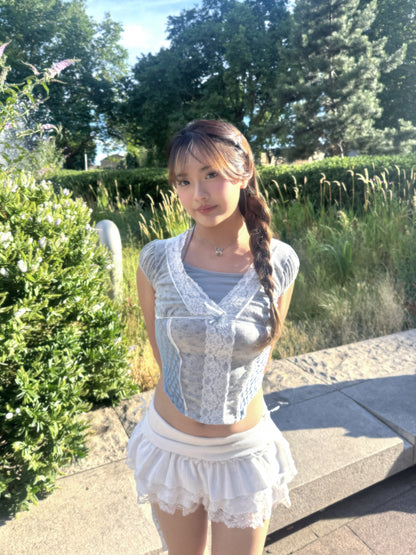 Fairycore Floral Lace Detail Panel Tee (Grey)