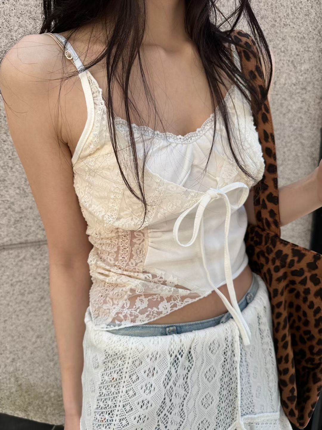 Layered Lace Patchwork Camisole with Bow