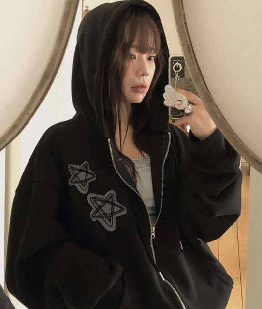 Star Embroidered Padded Hoodie Zip Up Jacket