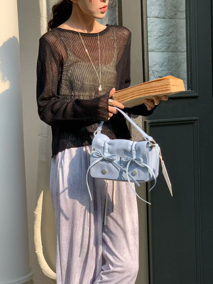 Skyblue Designer Brand Ribbon Leather Shoulder Bag (Large/Mini)