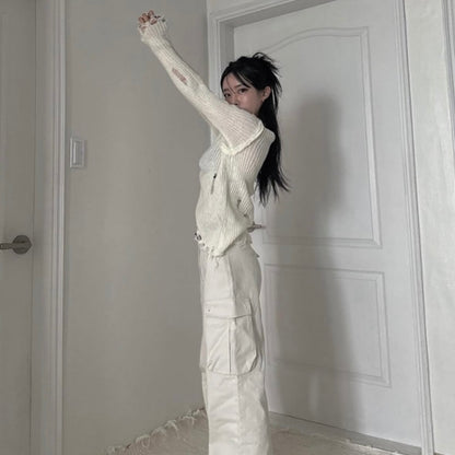 (BF NEW IN) V-neck Knit Wool Mesh Long Sleeve T-shirt