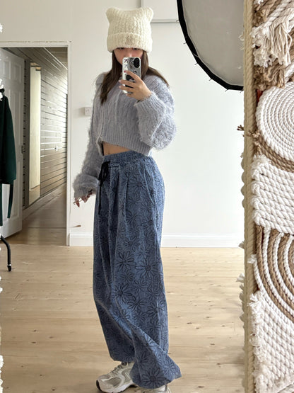 Unisex Floral pigment print loose-fit cotton one size pants