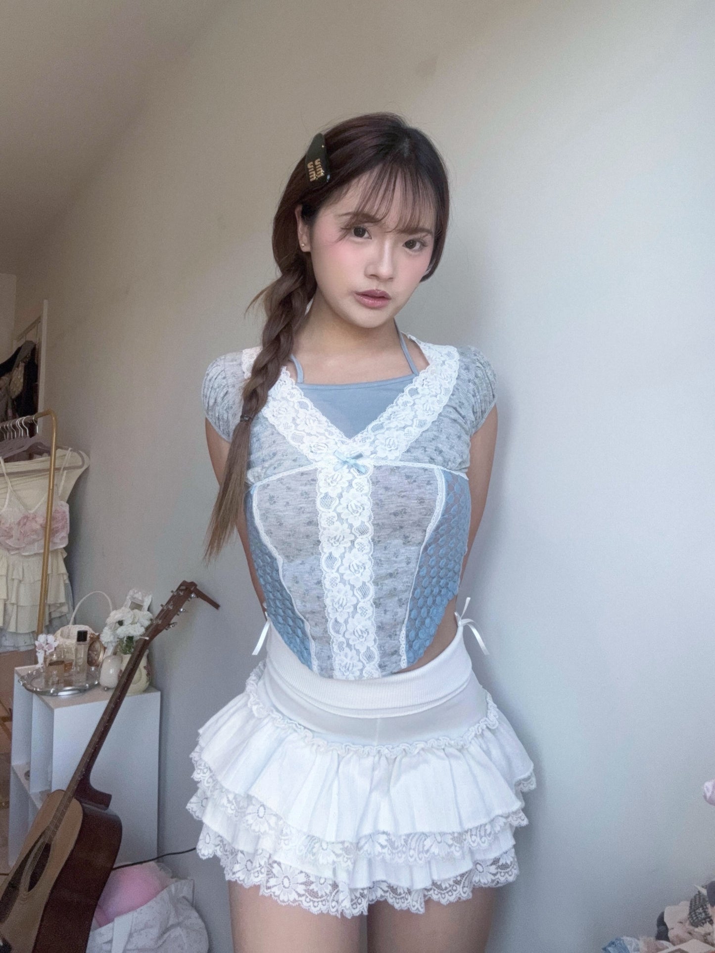 Fairycore Floral Lace Detail Panel Tee (Grey)