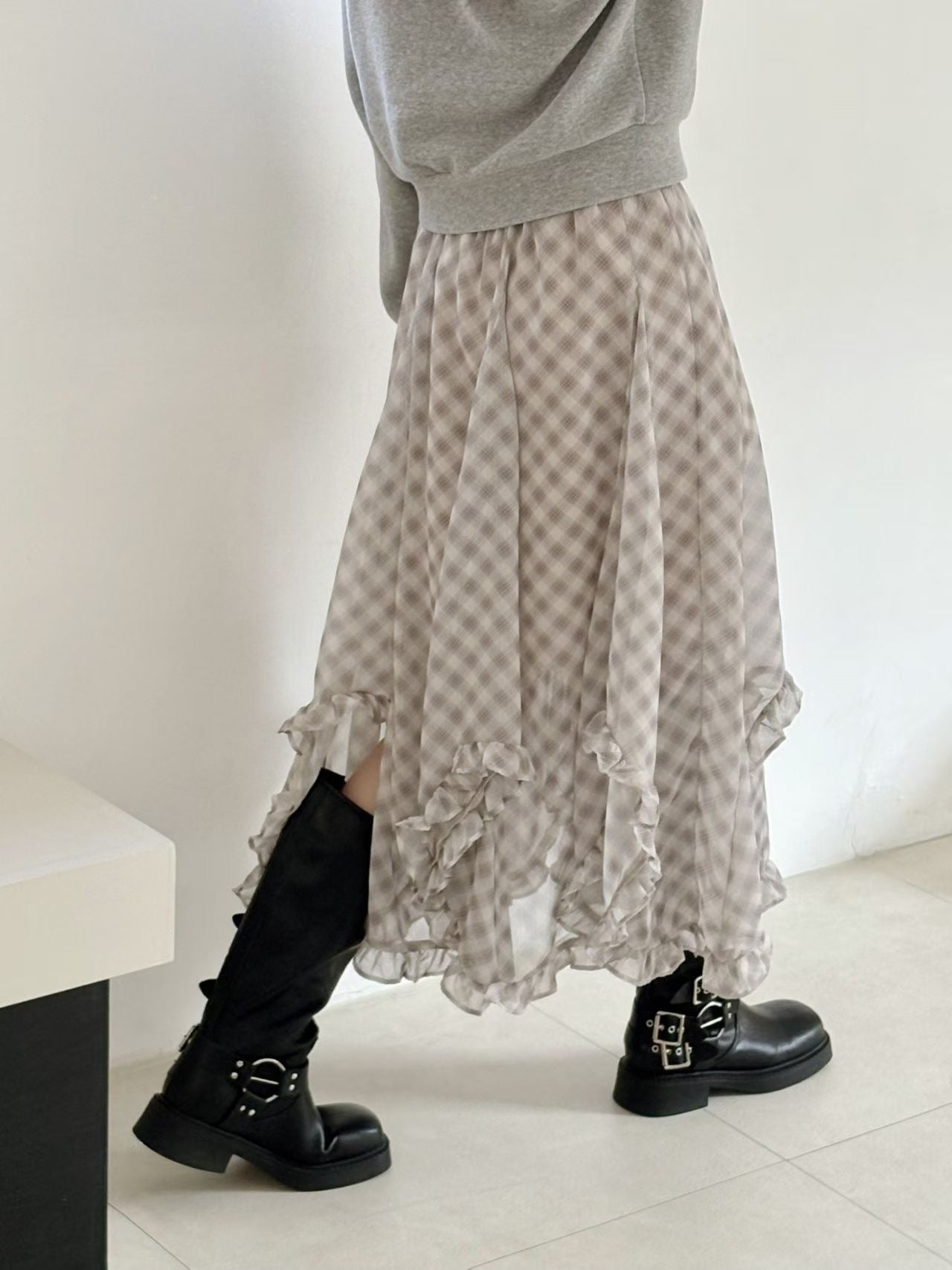 High End Chiffon Check Cross Layered Cancan Skirt