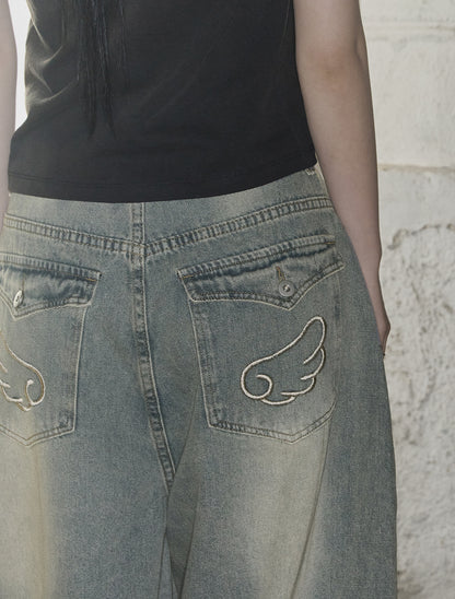 [LOOXP] Angel Wing Washed Back Pocket Balloon Wide Denim Pants Light Blue