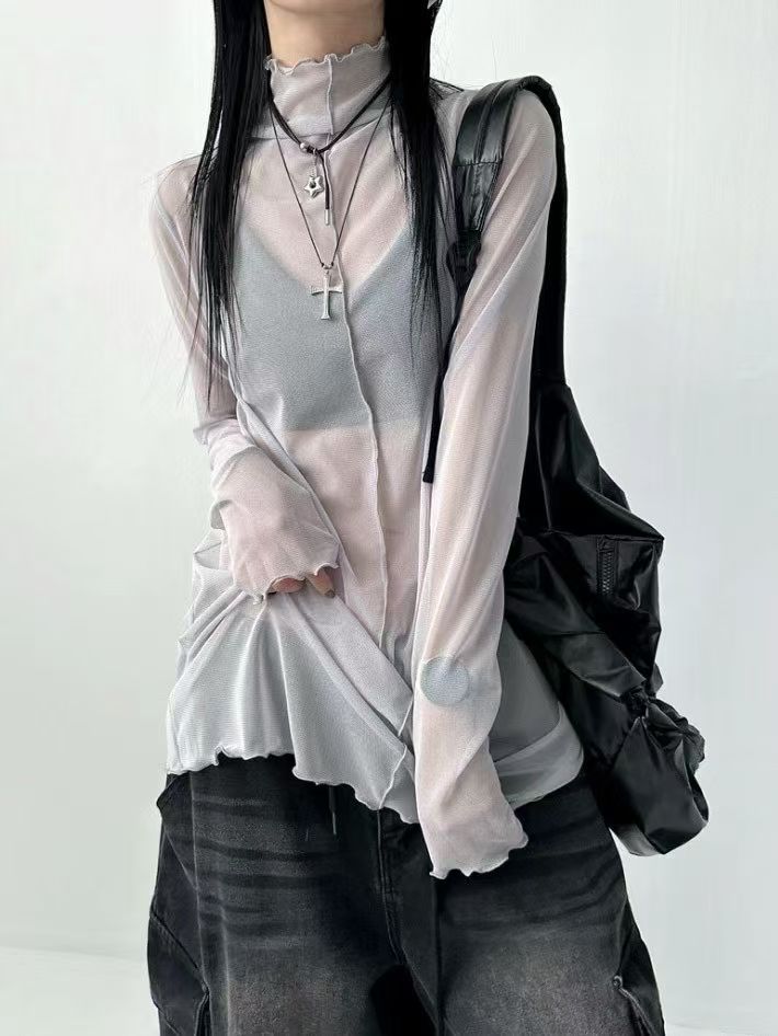 (Preorder) Long mesh high neck layered sheer long sleeve Top