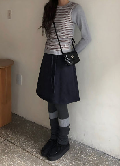 Striped Fake Two Piece Long Sleeve Tie Tee