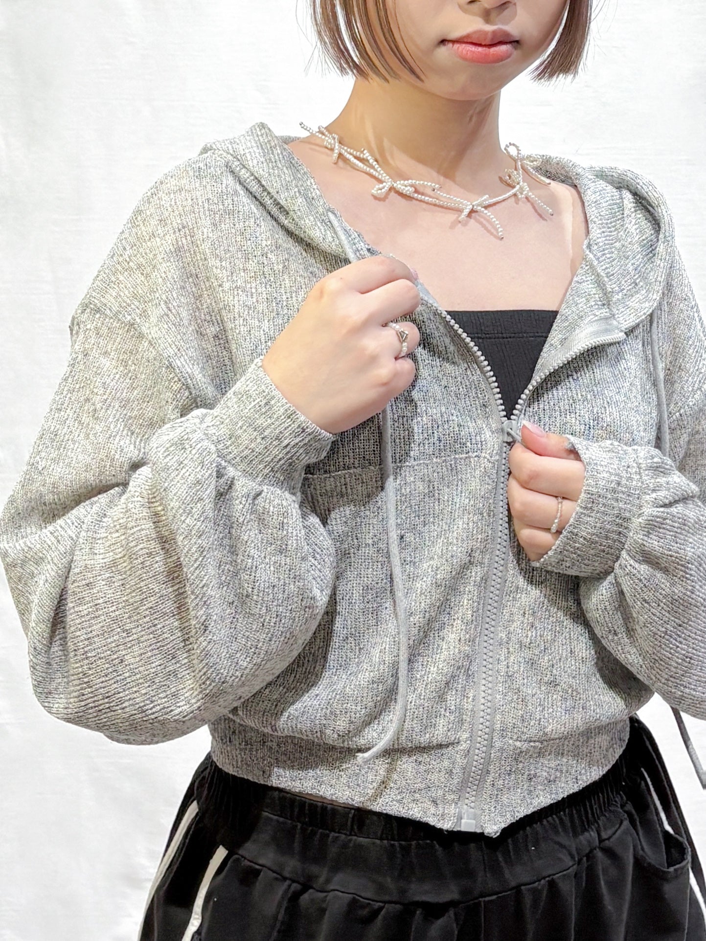 Summer Balloon Sleeves Crop Hooded Zip Up Cardigan (Grey)