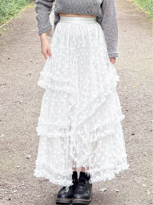 Fairy Ruffle Blossom A-Line Lace Frill Skirt (White)