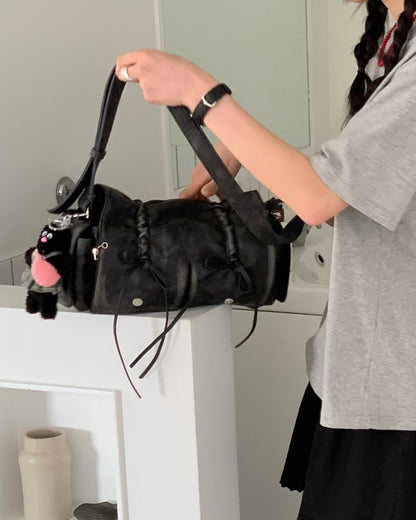 Black Designer Brand Ribbon Leather Shoulder Bag (Large/Mini)