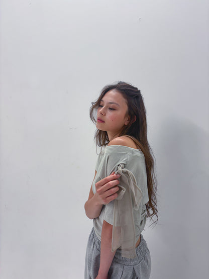High End Mesh Asymmetrical Bow Off Shoulder Top(2Colours)