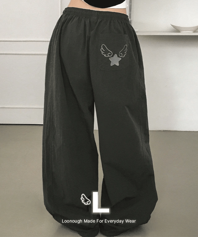 [LOOXP MADE] Angel Nylon Embroidery Cut-out Back Point Jogger Wide Long Pants